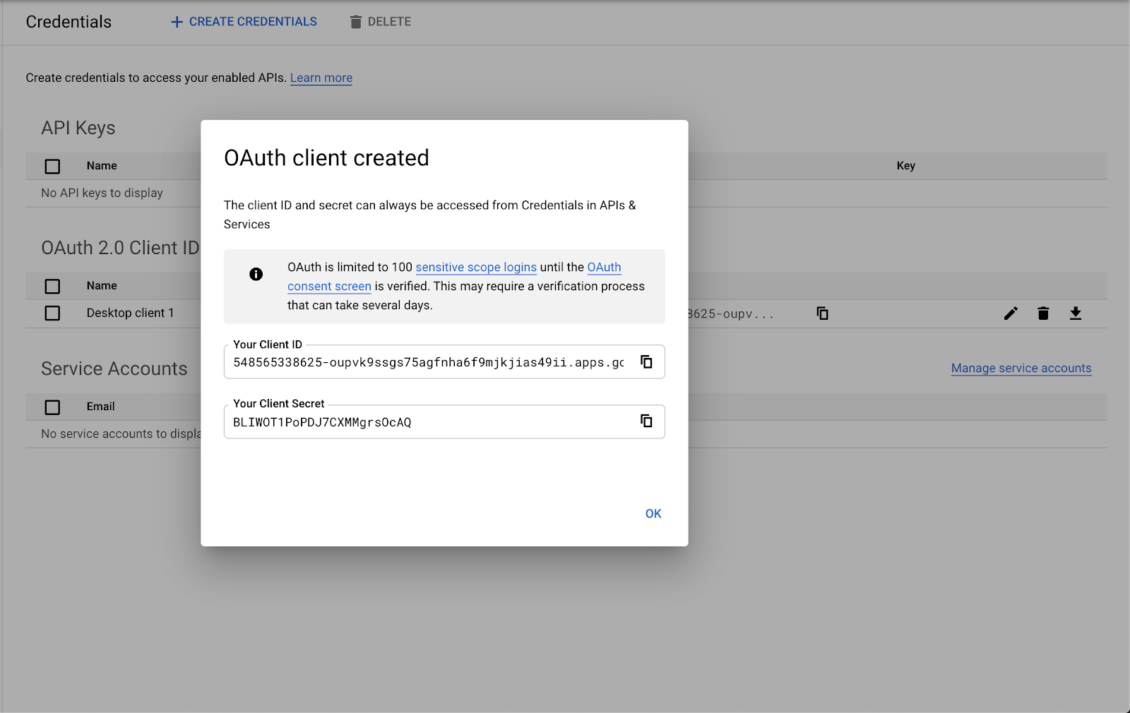 OAuth client created