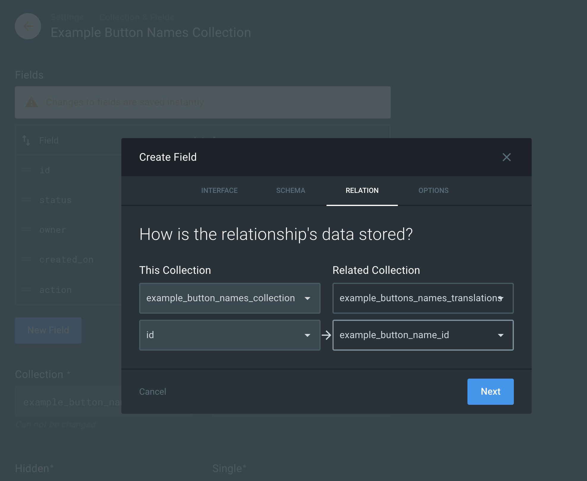 Create field form  relation tab screenshot