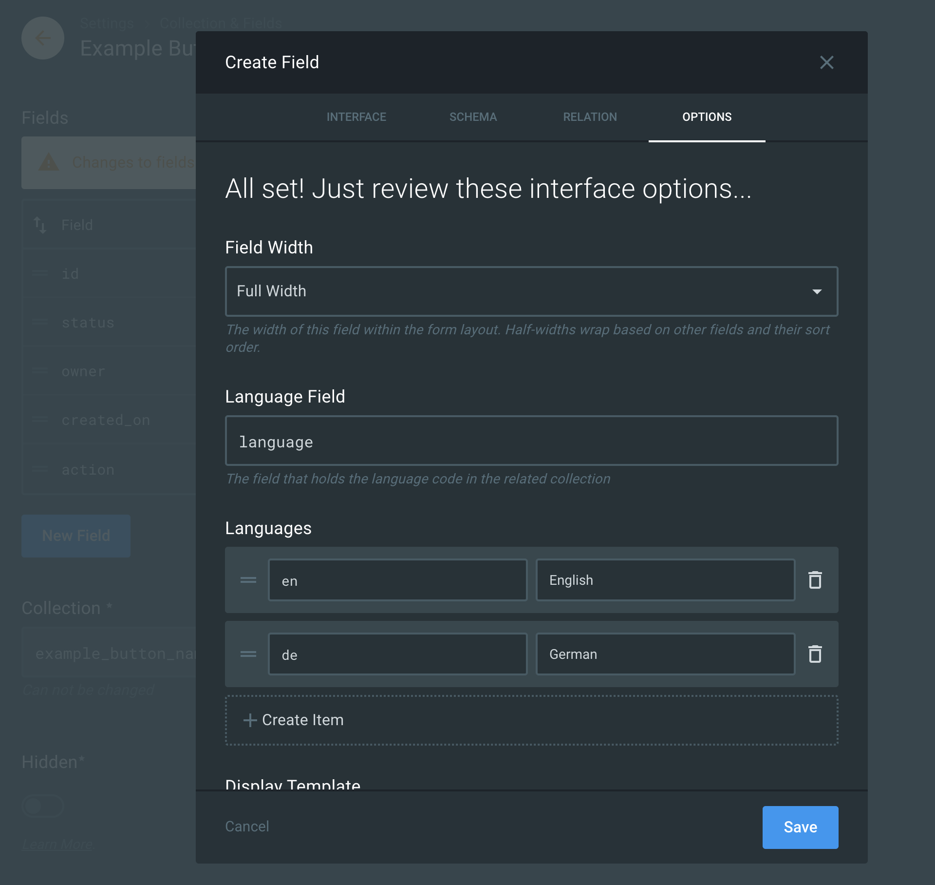 Create field form  options tab screenshot