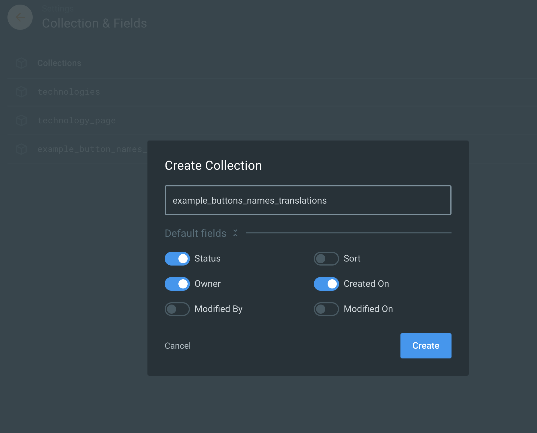 Create collection form screenshot
