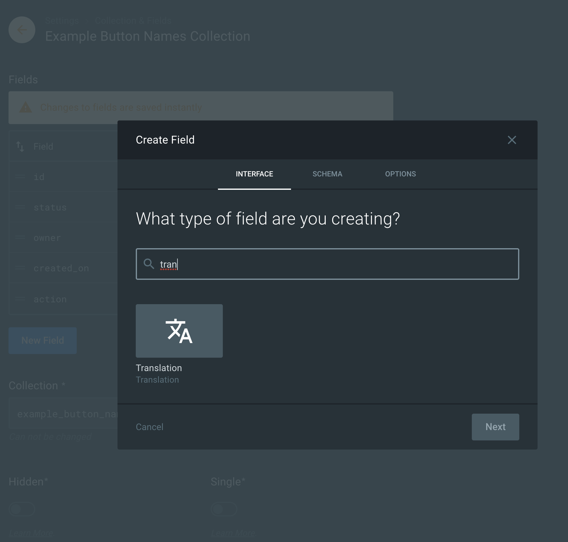 Create field form  interface tab screenshot