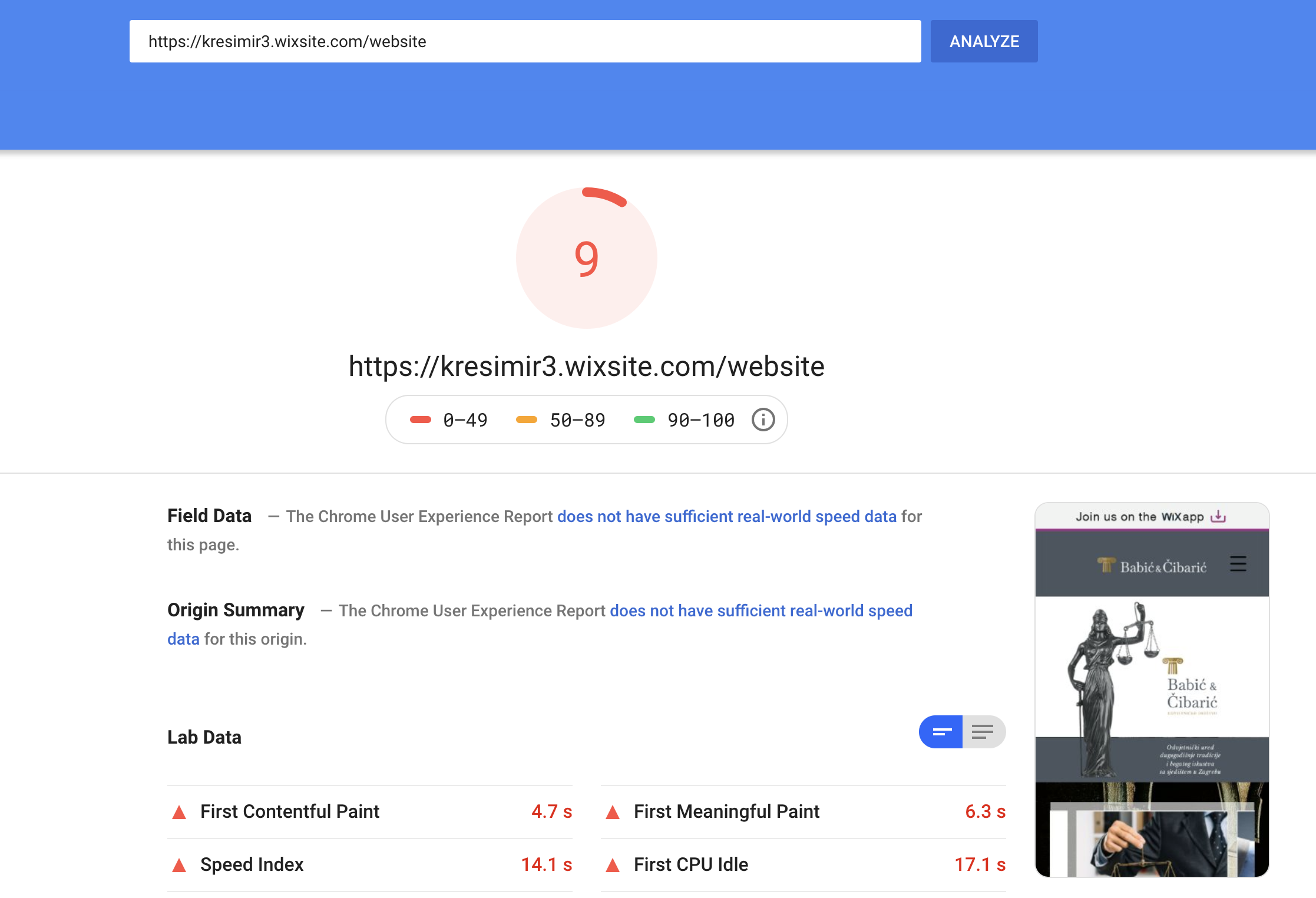 PageSpeed Insights  test for https://kresimir3.wixsite.com/website