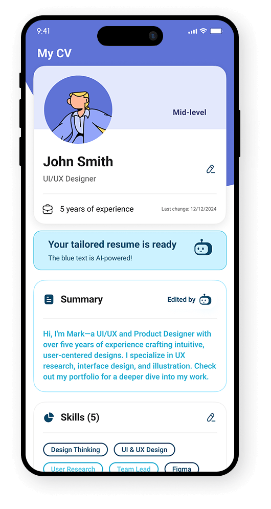 My CV screen showing an AI-tailored résumé. A banner reads ‘Your tailored resume is ready — the blue text is AI-powered’, with the AI-edited Summary highlighted in blue.