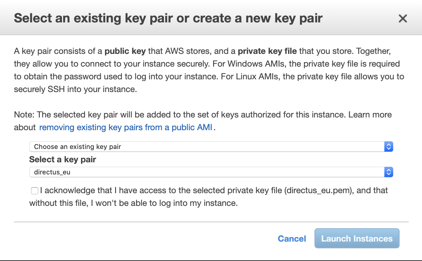 Select an existing key pair screenshot