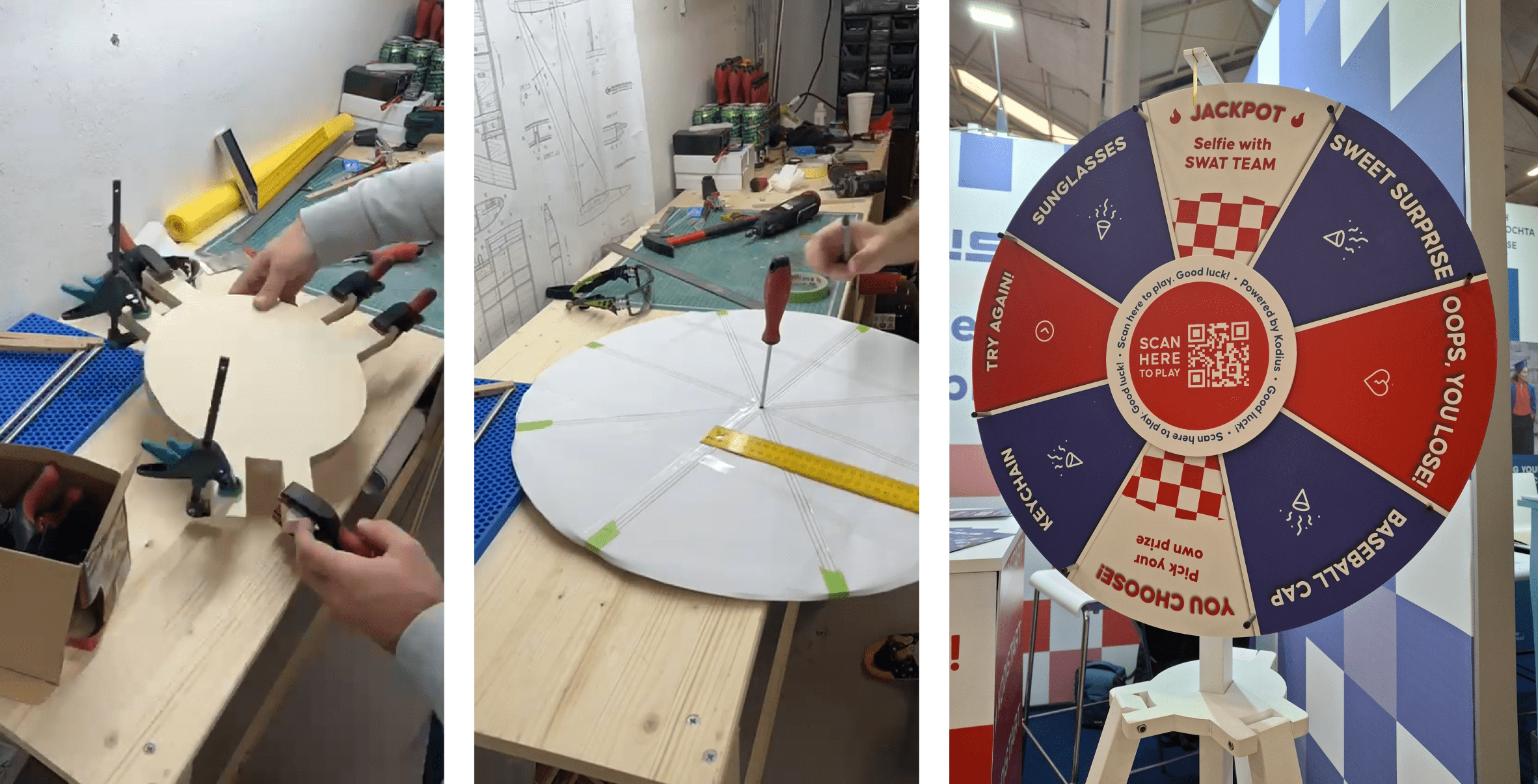 Zvonimir building the Wheel of fortune in his garage vs. final product